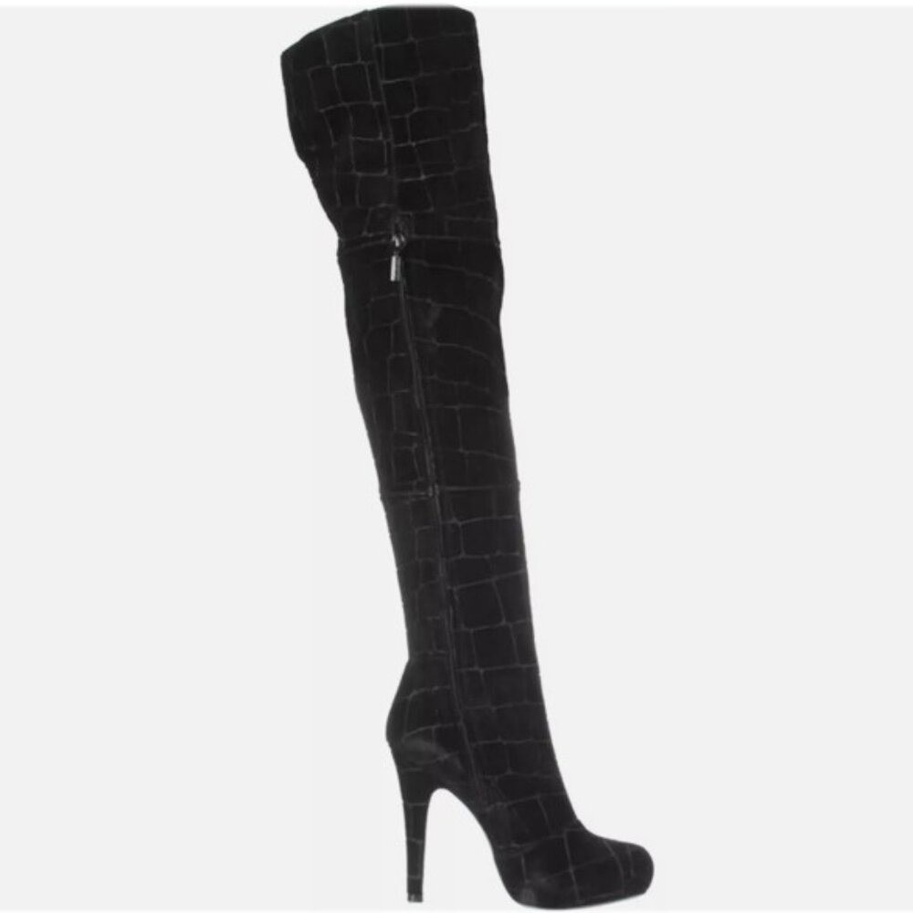 Report Signature Fairfax 3 Black Suede Thigh Geometric Platform Rave Boots 8